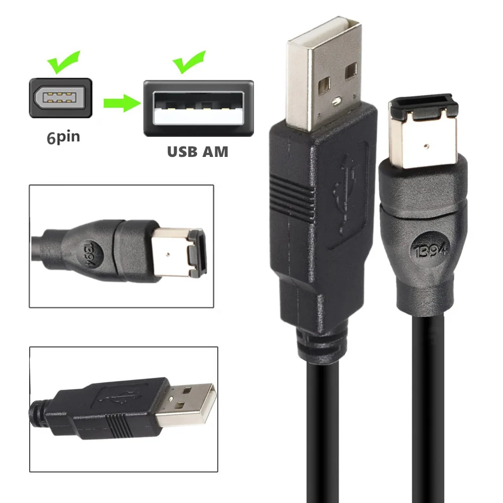 Firewire IEEE 1394 6 Pin Male to USB 2.0 A Male Adaptor Convertor Cable Cord 1.2m 1.8m/3m/5m cable