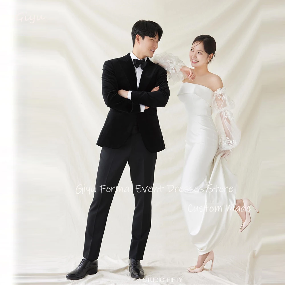 Giyu Simple Mermaid Wedding Dresses Puff Long Sleeves Strapless Ankle Length Bride Dress Photoshoot Mariage Custom Made