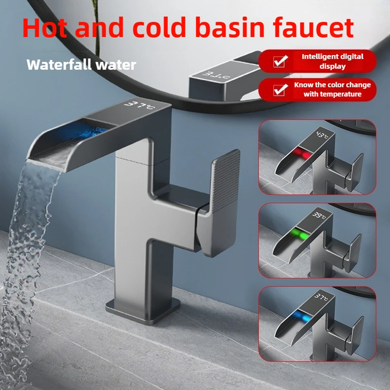 

Basin Faucet Waterfall LED Light Temperature Digital Display 360 degree rotation Hot Cold Water Sink Mixer Wash Tap For Bathroom
