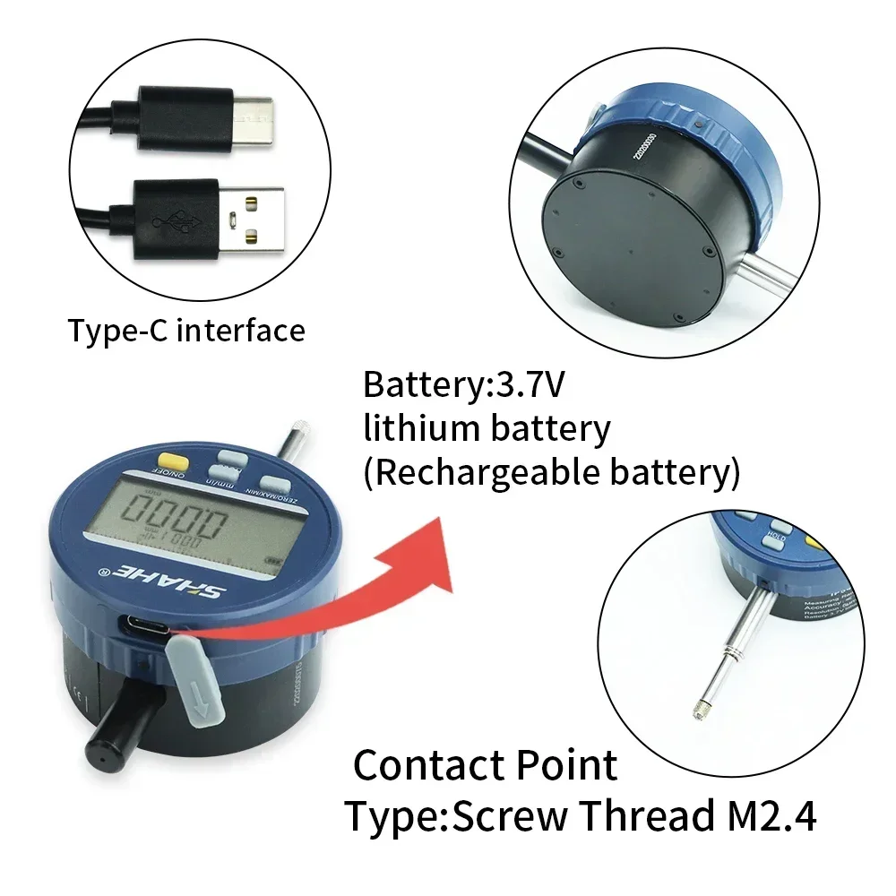 SHAHE 0-12.7/25.4/50.8 mm 1μm Resolution Electronic Indicator With Rechargeable Battery Metric/Inch Dial Indicator Gauge IP54