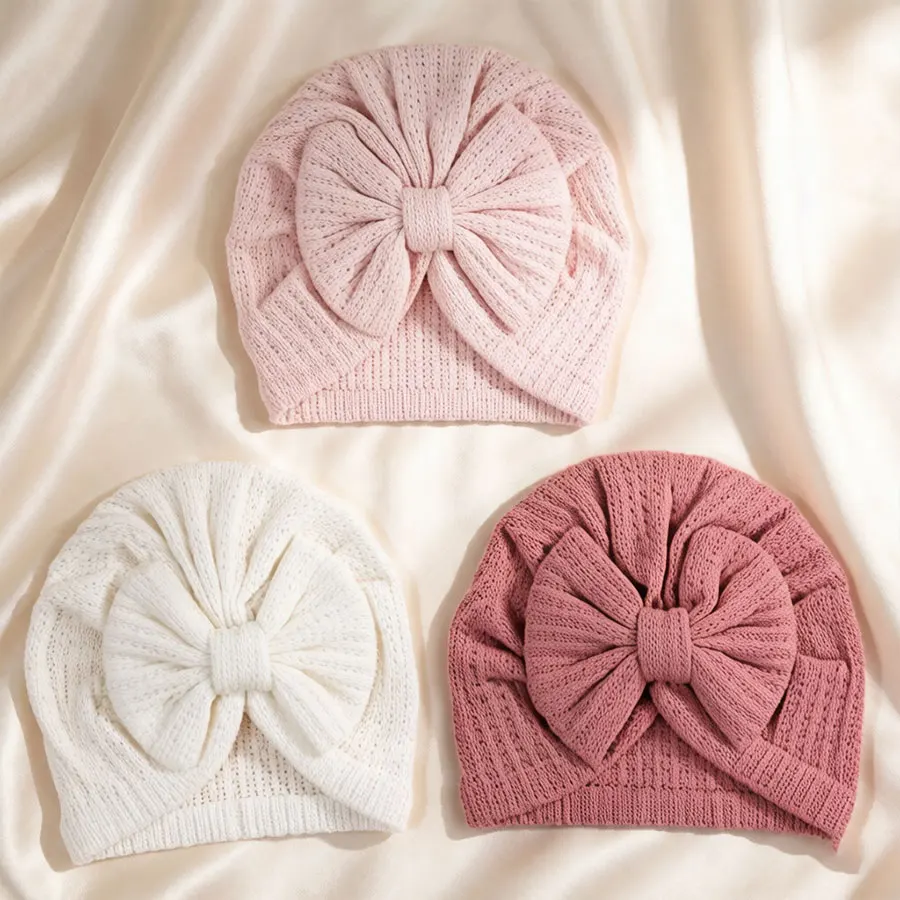 

Handmade Crochet Style Baby Turban Hat with Oversized Bow - Cute & Breathable Infant Beanie for Spring Autumn Photography Props