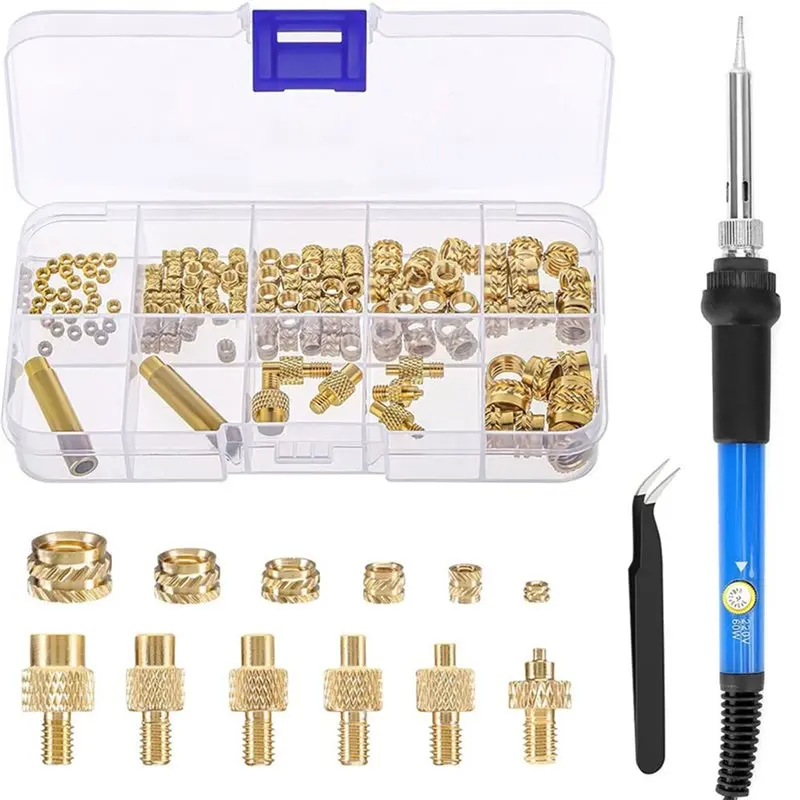 ABCA-Insertion Tips Head Kit Heat Embedded Nuts Adaptors M2 M3 M-4 M5 M6 M8 For 936 Soldering Iron Pen EU Plug