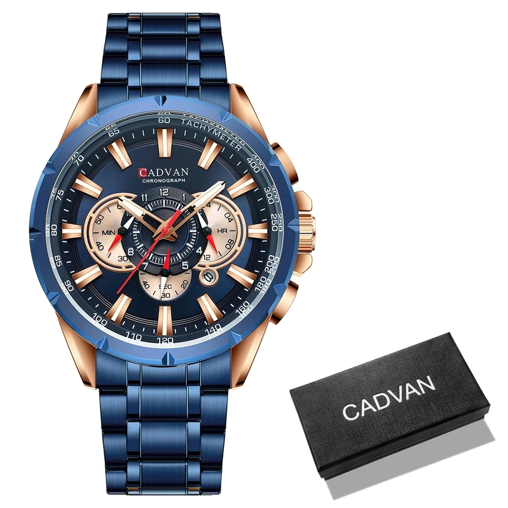 CADVAN Mens Watches Top Brand Luxury Chronograph Quartz Men Watch Waterproof Sport Wrist Watch Men Stainless Steel Male Clock