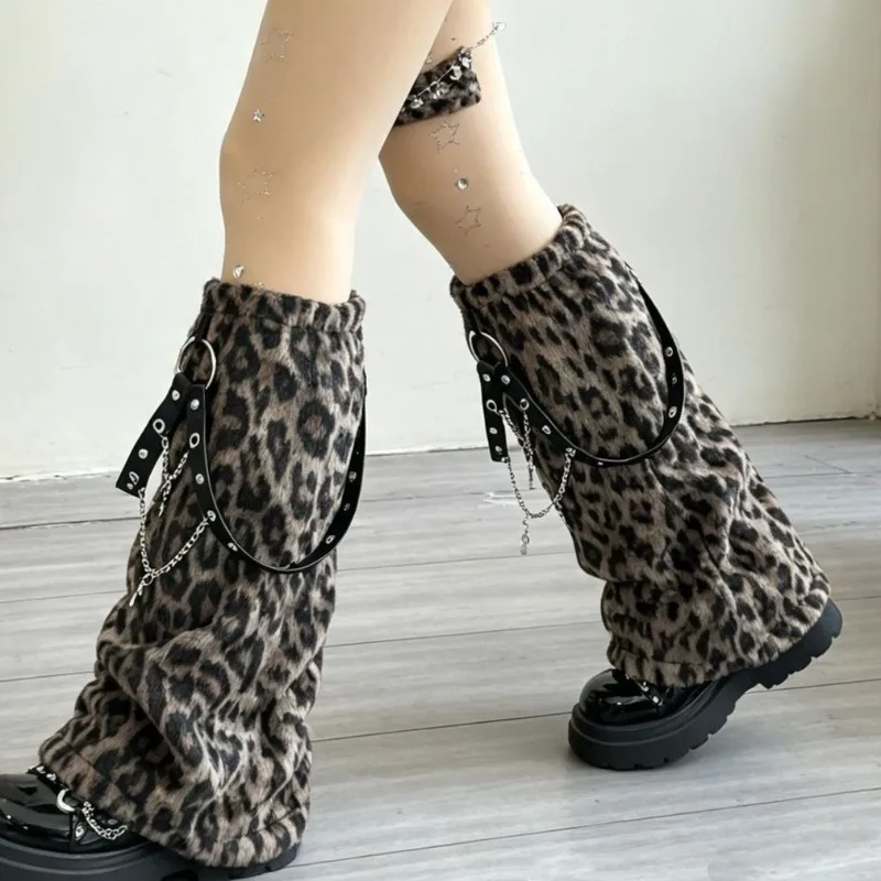 Y2K Punk Leopard Faux Fur Leg Warmers for Women, Alternative Flared Leg Cuffs with Rivet Strap & Cross Chain, Gothic Boot Covers - view 4