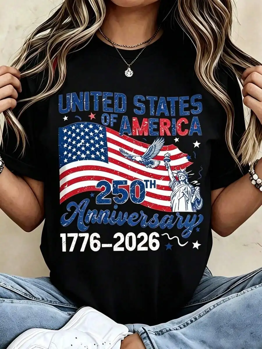 Casual Women Short‑Sleeve Crew Neck T‑Shirt USA 250th Anniversary 1776 2026 American Flag Statue Of Liberty Patriotic Graphic Print Fashion Tops