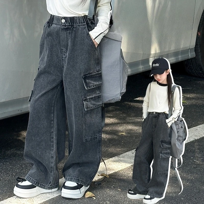 

Джинсовые брюки-карго для девочек, весна 2024, новый стиль, детские широкие прямые брюки в американском стиле ретро с большими карманами