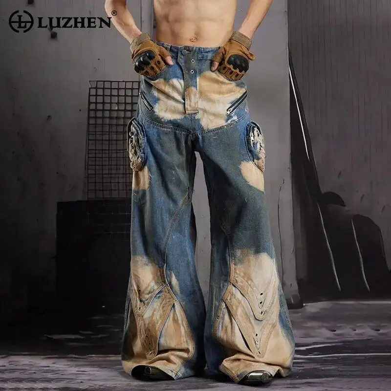 LUZHEN 2026 New Original Streetwear Multi Pockets Decorate Straight Cargo Jeans Men Stylish Tie-dyed Wide Leg Denim Pants JY7913
