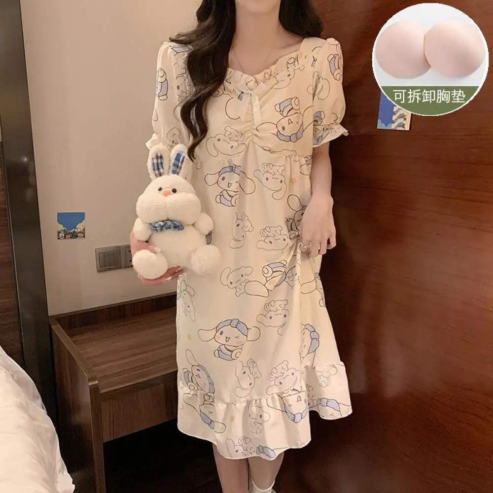 

Женская пижама в стиле аниме Cinnamoroll, ночная рубашка Sanrios, домашняя одежда Kawaii принцессы с короткими рукавами, кружевная хлопковая домашняя одежда для девочек и студентов