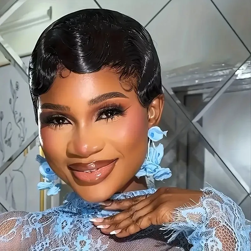 شعر مستعار مموج عميق على شكل إصبع، مصنوع آليًا بالكامل، شعر بشري قصير بقص عابث للنساء