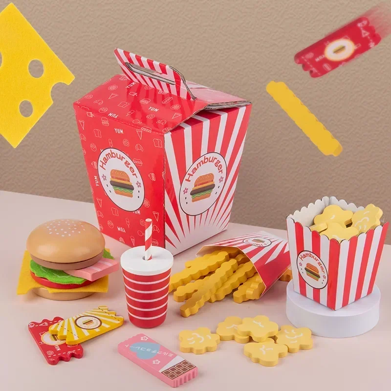 Kids Kitchen Cooking game Pretend Play toy Simulation Wooden Hamburger French fries Coke Fast Food Sets Burger Set kids gift