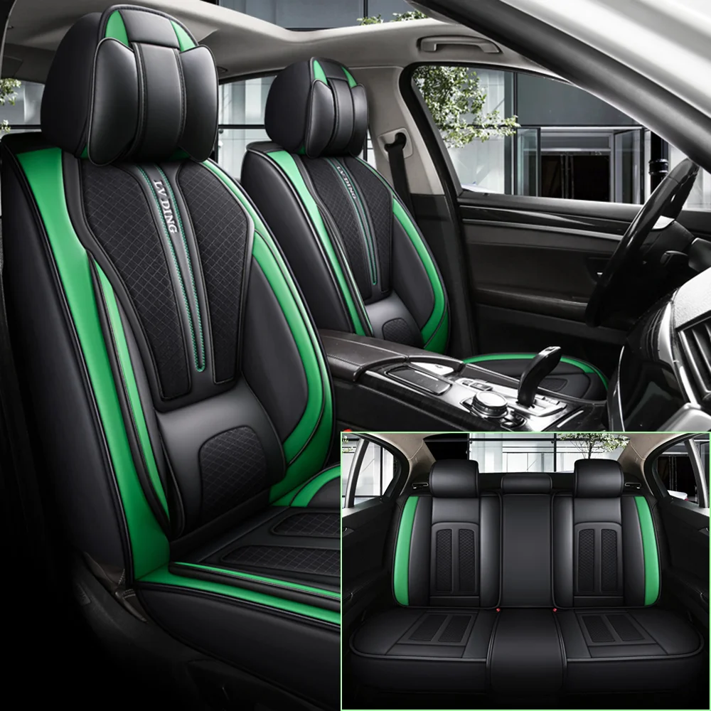 

5-Seat Black & Green PU Leather Car Seat Covers + breathable mesh fabric – Premium 3D Design with Breathable