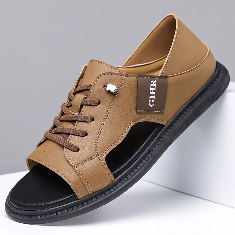 

New Men's Casual Leather Sandals with Exposed Toes, Breathable Fish Mouth, Soft Bottom, Anti Slip, Men's Leather Shoes