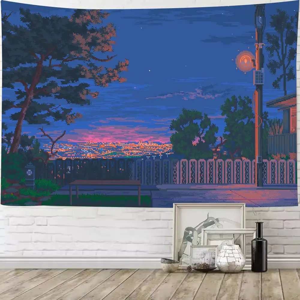Pixel Art Night Sunset Landscape Tapestry, Japanese Suburb Dusk Street Scene Retro 8 bit Anime Scenery for Bedroom Decor