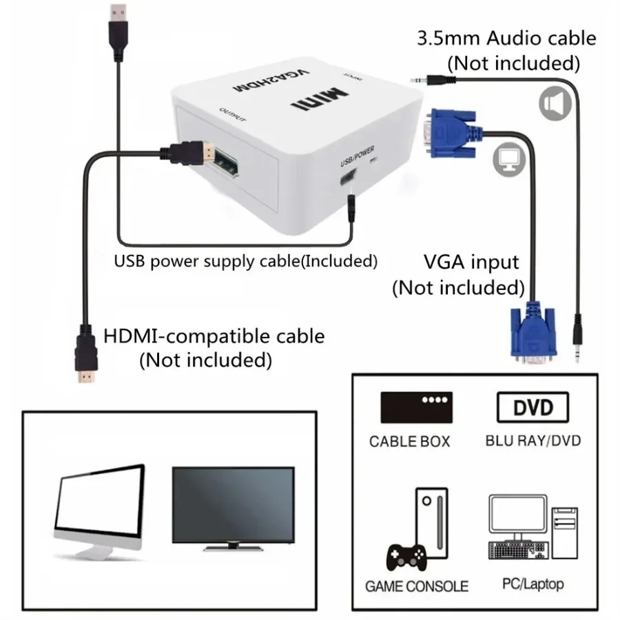 Grwibeou Mini VGA To HDMI-compatible Video Converter Audio Adapter 1080P for Notebook PC HDTV Projector TV with USB Power Cable