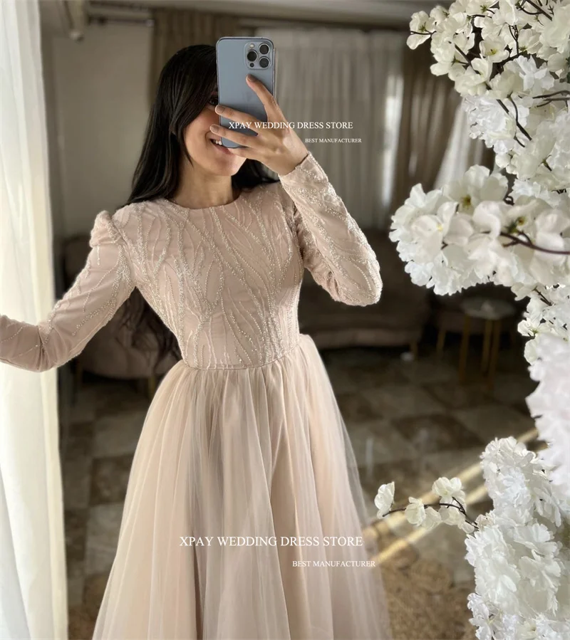 XPAY Modest Glitter Muslim Arabic Customised Long Sleeves Tulle Floor Length Blush Pink Evening Gowns Formal Party Dress