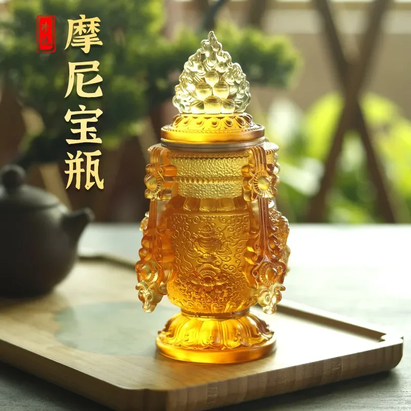 Glazed Ceramic Longevity Bottle Tibetan Eight Auspicious Symbols Buddhist Altar Decoration Home Temple Offering Ornament Feng