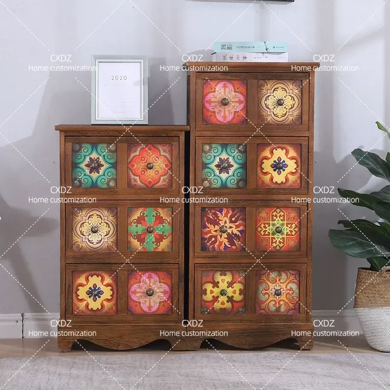 Mediterranean Retro Painted Wooden Storage Cabinet for Balcony Living Room Bedside Solid Wood Chest with Drawers Home Decor
