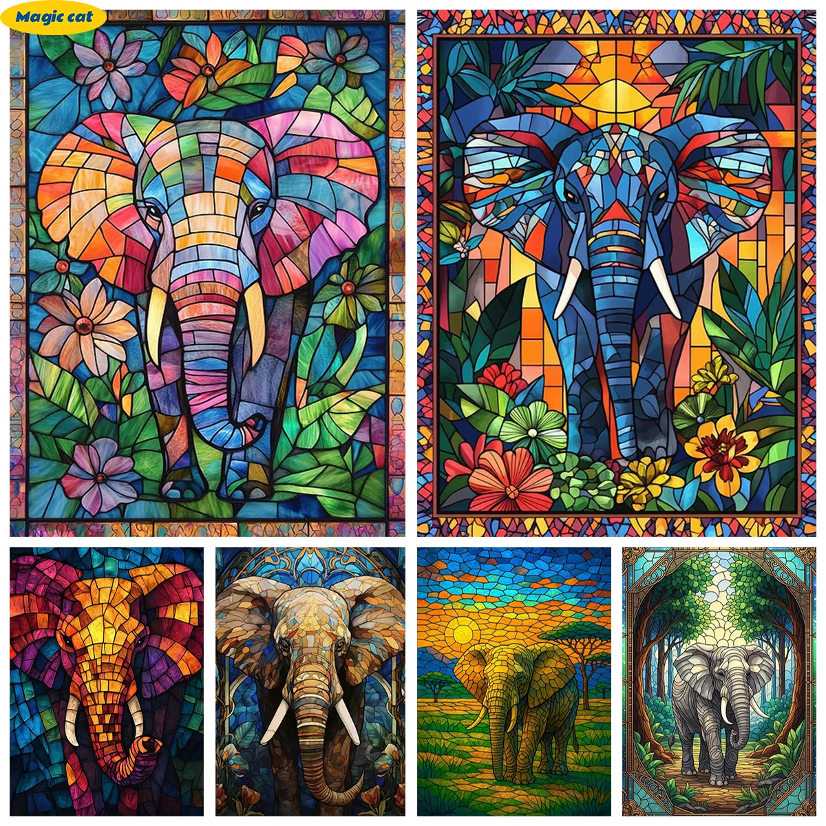 

Elephant glass style 5D Diamond Painting Colorful geometric style animals DIY Diamond Embroidery Room Wall Decor Home Decor