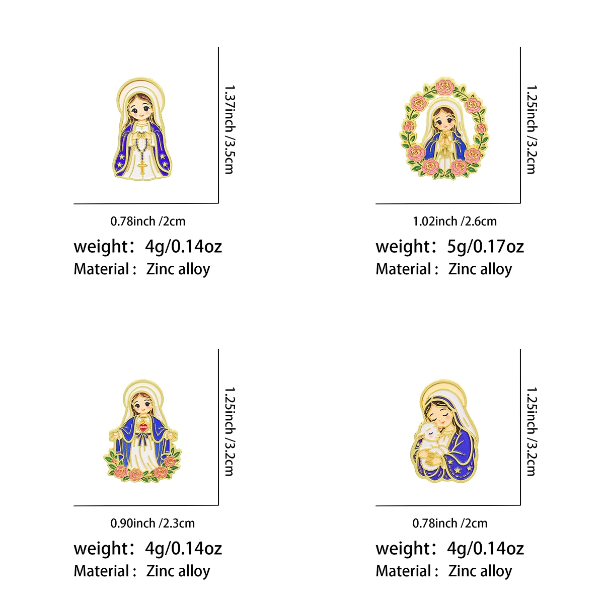 4-teiliges Kawaii religiöses Jungfrau-Maria-Broschen-Set, florale Emaille-Anstecknadel für Rucksack- und Kleidungsdekoration, Geschenk mit Glaubensthema – Detail 1