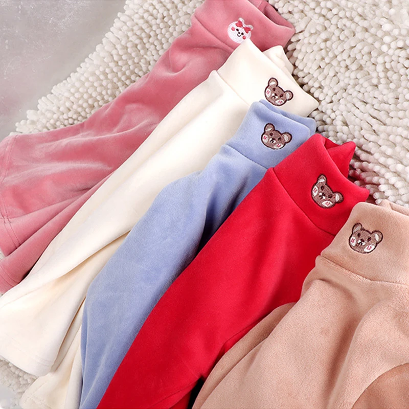 Baby Girls Top Autumn Winter Kids Warm Sweater Children Half Collar Bear Embroidery Bottom Shirt 3-12 Years Casual Clothing