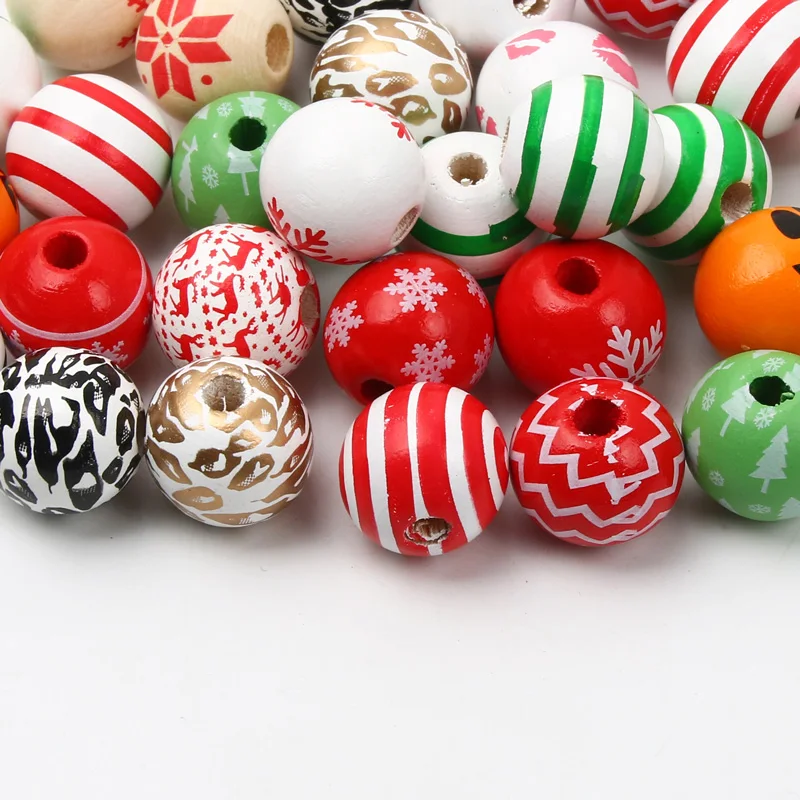 Round Balls Red Green Wooden Beads 15mm Cartoon Tree Letter Pattern Halloween Christmas Beads For Jewelry Making DIY Accessories