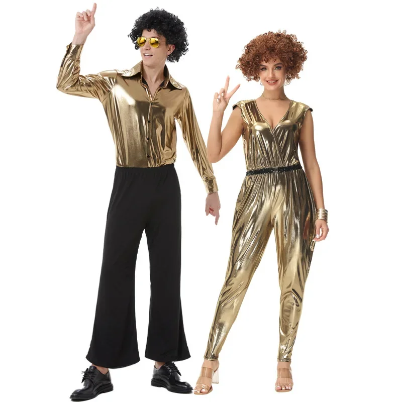 

Halloween Adult Hippie Golden Jumpsuits Afro Couple Cosplay Clothing Music Festival Carnival Party Retro Disco Cabaret Costume