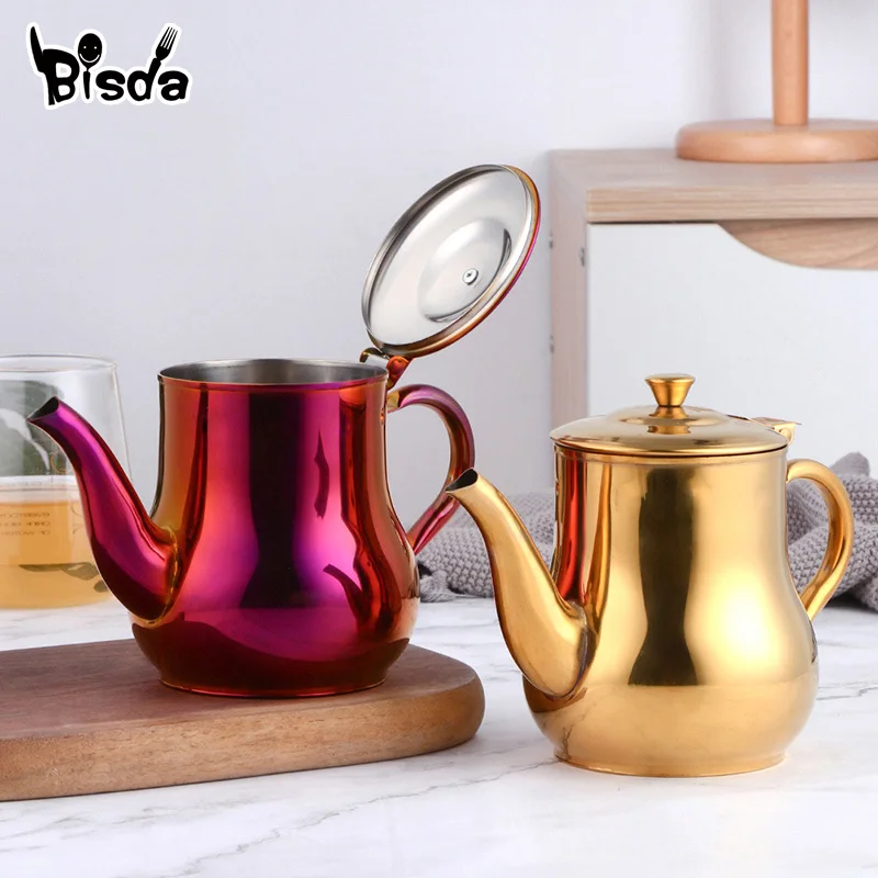 Stainless Steel Teapot With Filter Golden Kitchen Oil Filter Pot Liquid Seasoning Container Coffee Holder Tea Kettle Induction