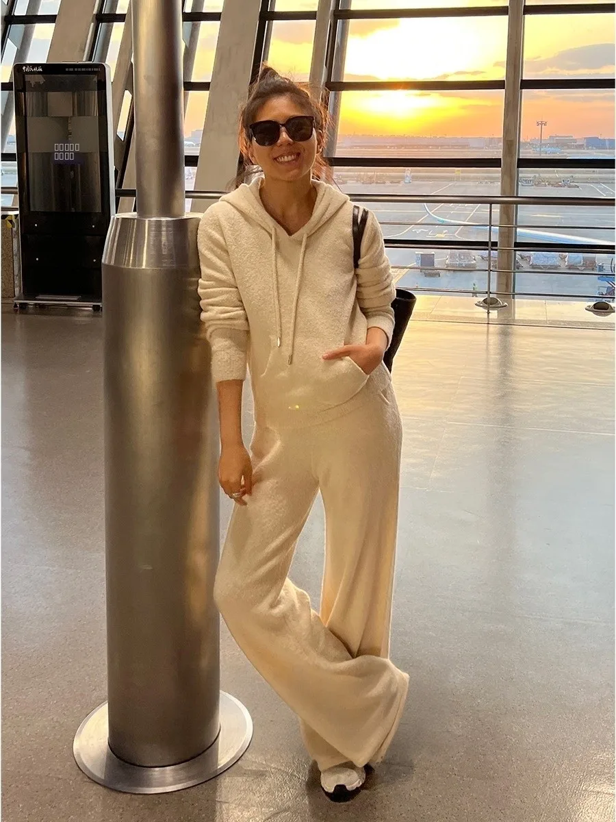 

Blanini женский зимний модный комплект, длинная толстовка с капюшоном Све, толстовка и брюки, шерсть, камерь Як, с круглым узором, повседневный Sle