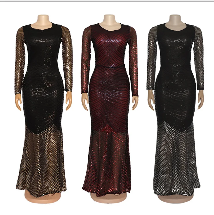 H & D New Designs African Women Sequin Long Dress High Stretch Sequin Long Sleeve Evening Party Dress