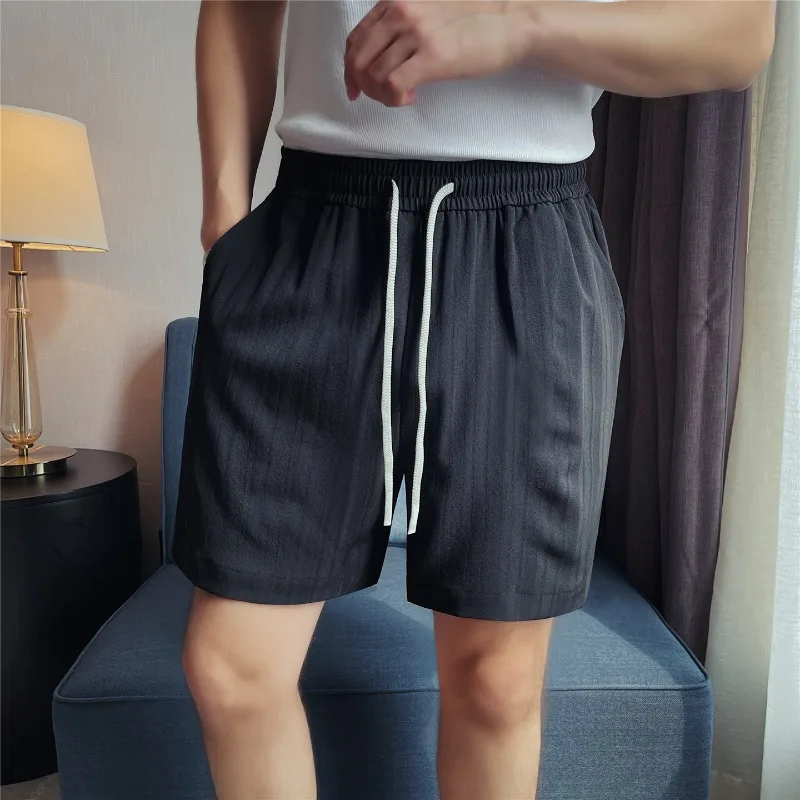 Men's Textured Ice Silk Shorts  Lightweight, Breathable  Quick-Dry Straight-Leg Summer Shorts with Elastic Waist (White  Black)