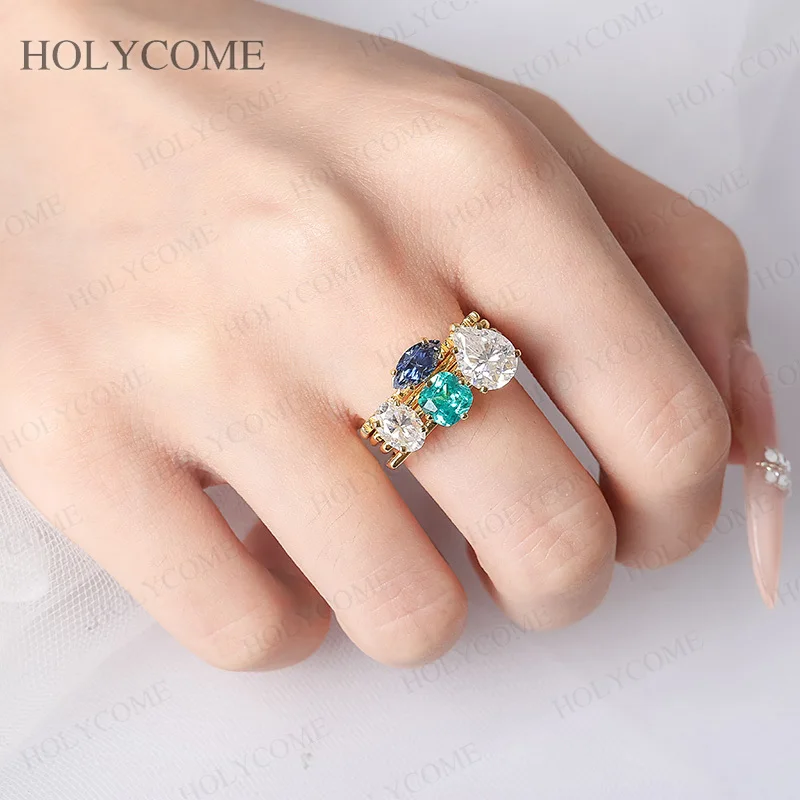 Ring aus S925 Silber, einzigartig, unregelmäßig, stapelbar, mit gemischten Moissaniten und Paraiba-Saphiren, geschichtet, INS Viral Fashion Schmuck – Detail 14