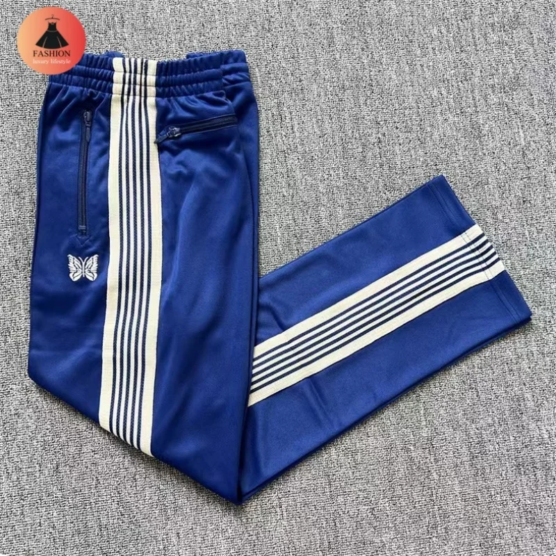 

25SS Best Quality Mens Womens Blue Butterfly Embroidery Stripe Drawstring Jogging Sweatpants Needle s Casual Pants