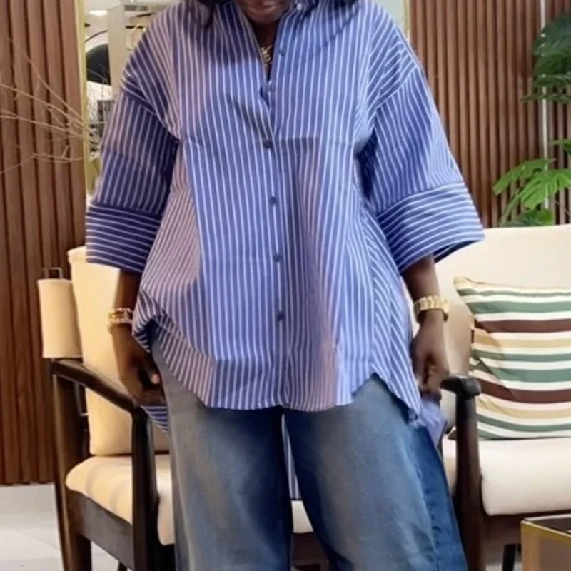 Eleganckie koszule damskie w paski zapinane na guziki, luźne bluzki damskie do biura, modne, uniwersalne topy na lato.