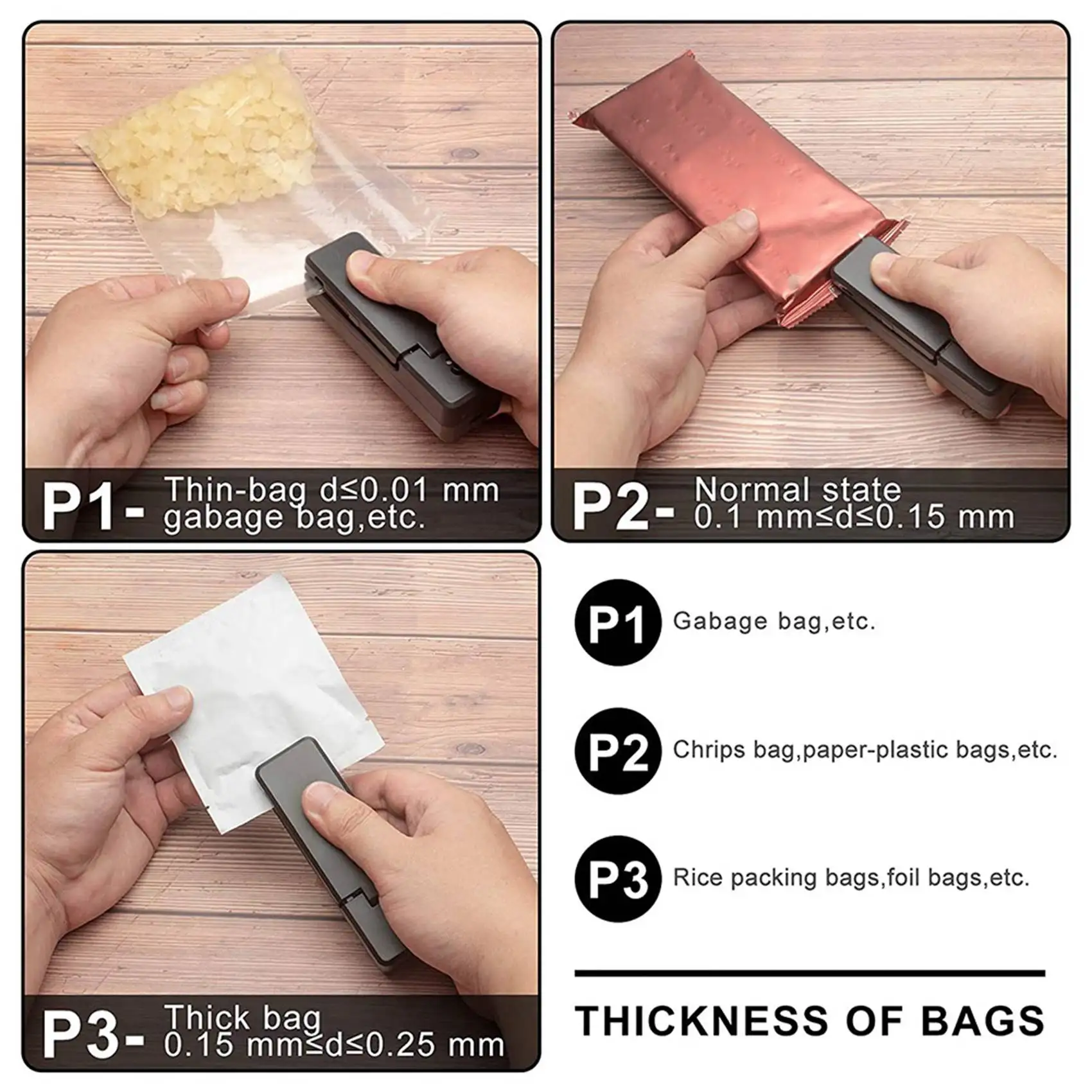 

Мини-запайщик пакетов 2-в-1: портативный перезаряжаемый ручной вакуумный запайщик и резак для пластиковых пакетов, для хранения продуктов, 2 шт., черный-B27C