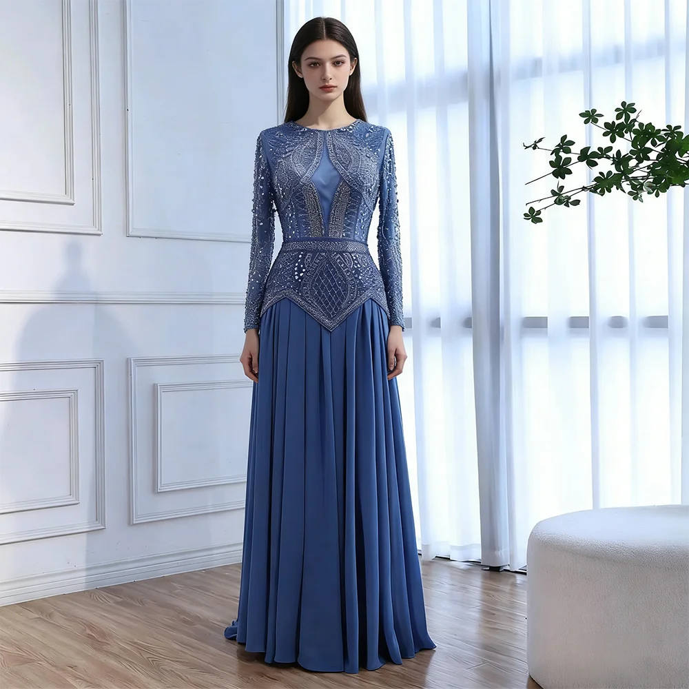 Blaues Luxuriöses Perlenverziertes Muslimisches Abendkleid Langarm Bescheidenes Hochzeits- und Festkleid 2026 Maßgefertigtes O-Ausschnitt Abendkleid
