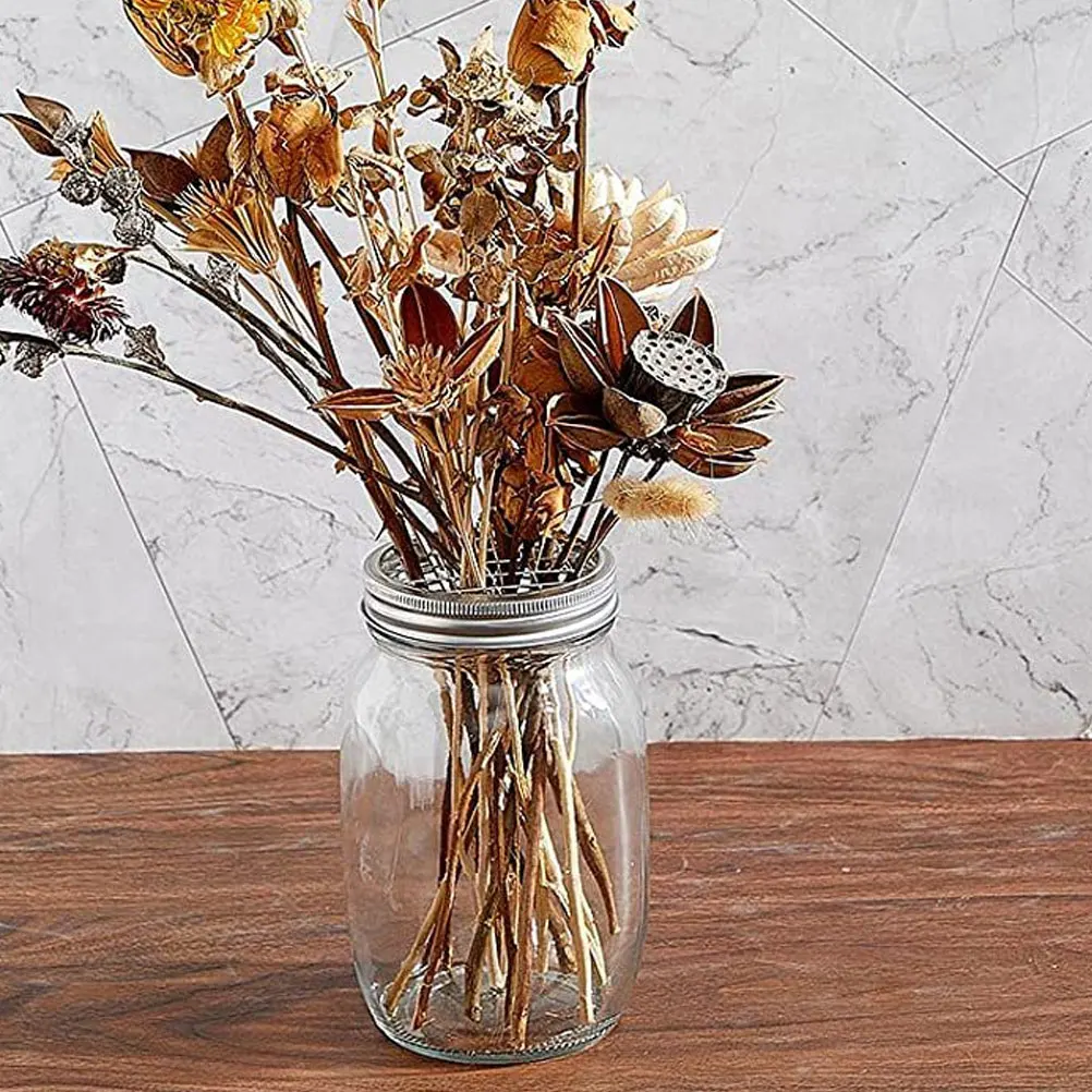 

12pcs Stainless Steel Floral Grid Pen Holder Cover Mason Jar Lid Vase Insert Flower Arrangement Tool Reusable Grid Panel