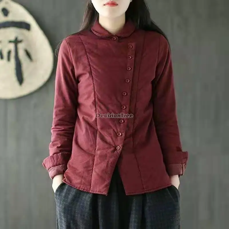 2023 chinese retro style casual base shirt winter long sleeve stand collar women daily thickened warm cotton blouse coat s945