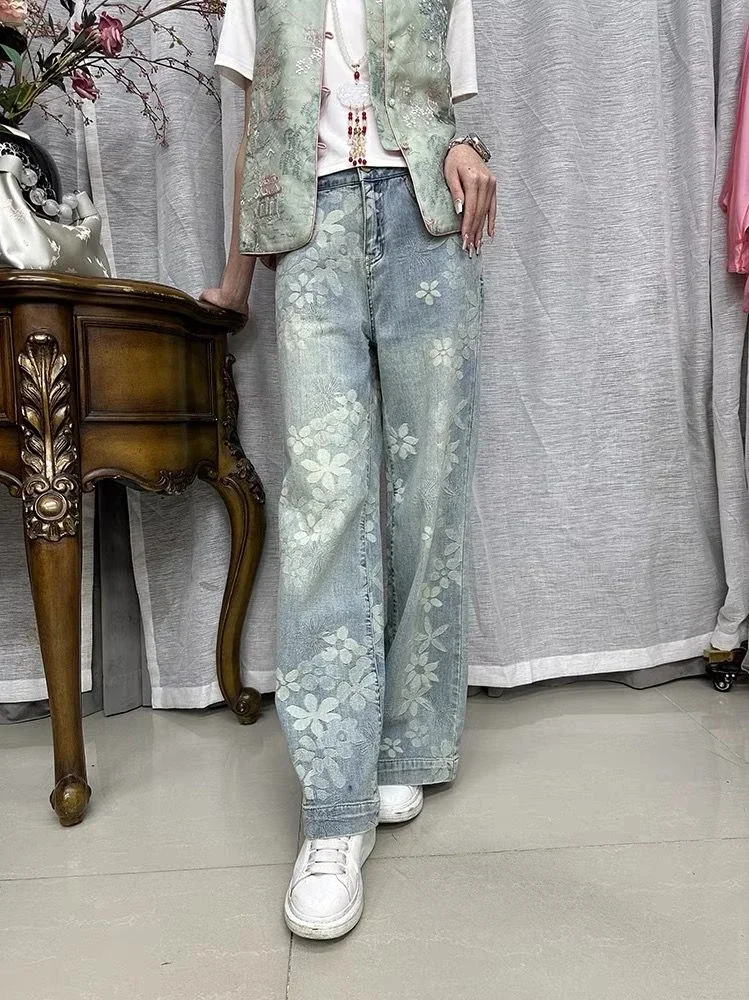 Mode Vintage Jeans Bloemenprint Hoge Taille Zakken Casual Losse Esthetiek Pantalones De Mujer Lente Herfst Dameskleding