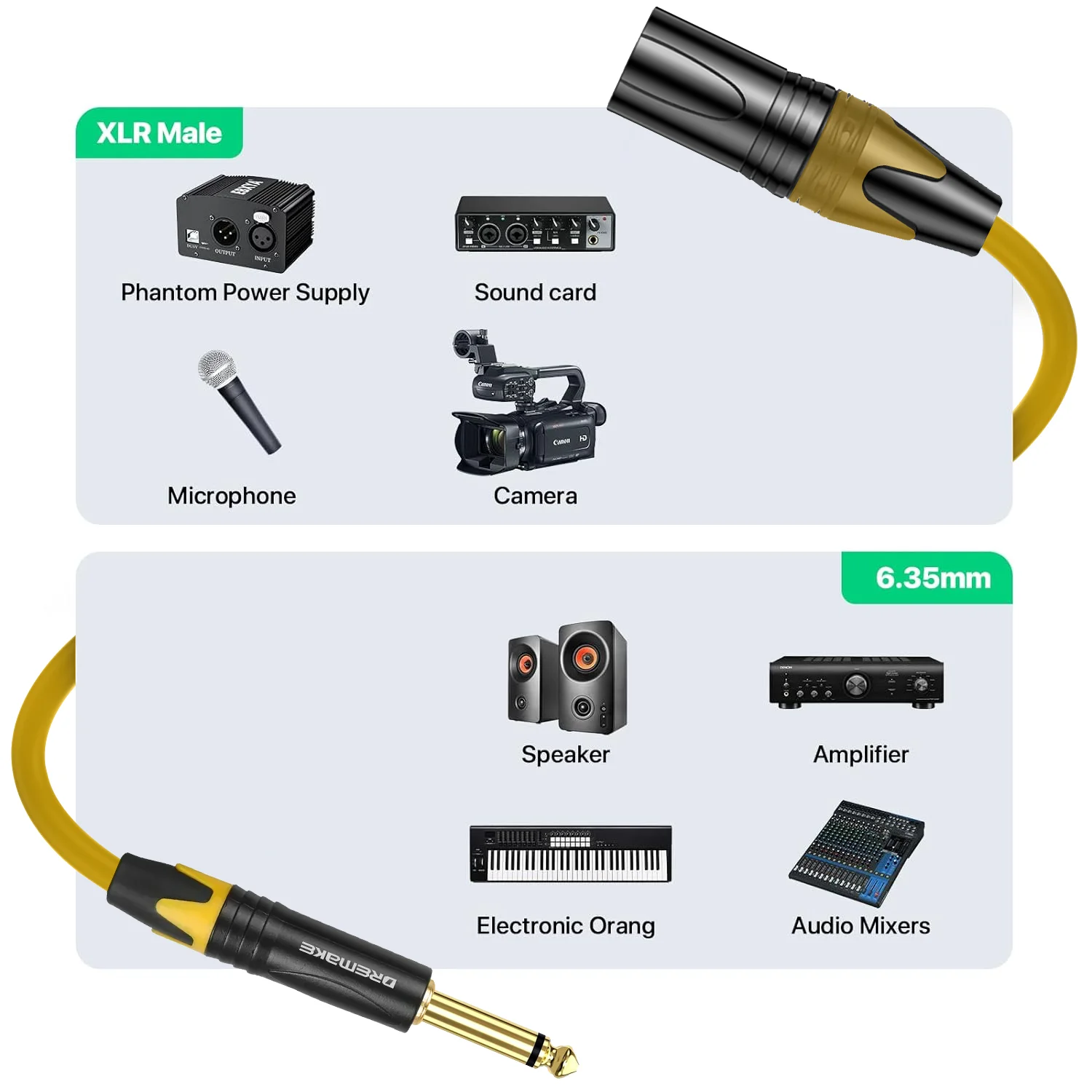 DREMAKE TS 1/4 Inch Male 6.35mm/6.5mm to XLR 3-Pin Microphone Mono 6.35mm to XLR Canon Patch Cord for AMP Amplifier Pro Audio