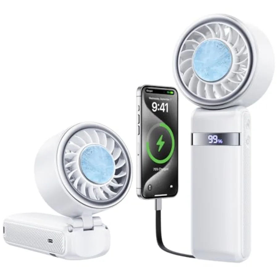 

Portable handheld fan for travel and office use, ABS plastic, white, 12000mAh ice cooling with 12W fast charging, 25H runtime,