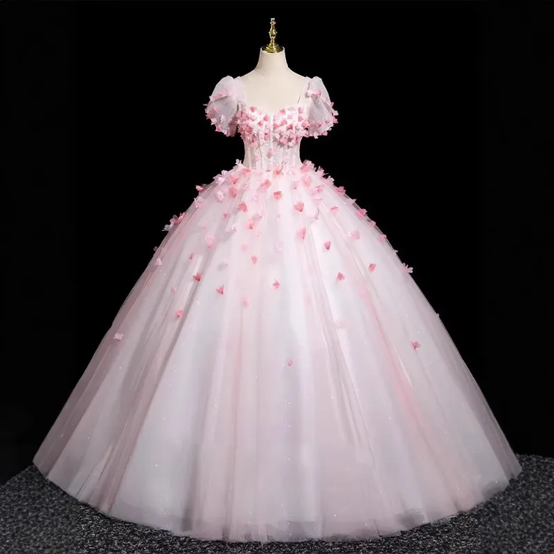 Fairy Style Evening Dress with Square Neckline, Short Sleeved Long Skirt, Three-dimensional Petal Fluffy Princess Dress