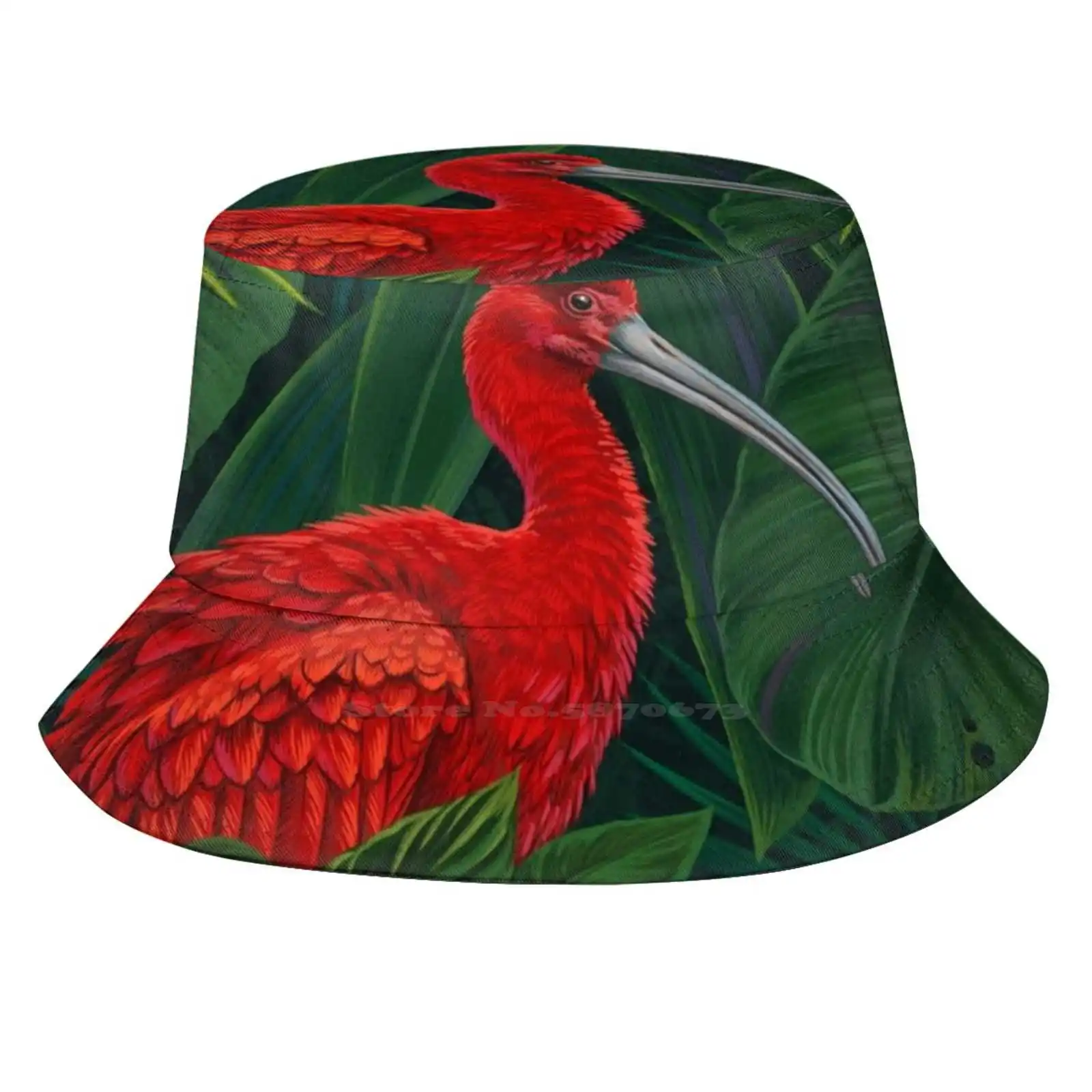 Scarlet Ibis Unisex Fisherman Hats Bucket Hats Bird Ibis Red Jungle Rainforest Nature Green Leaves