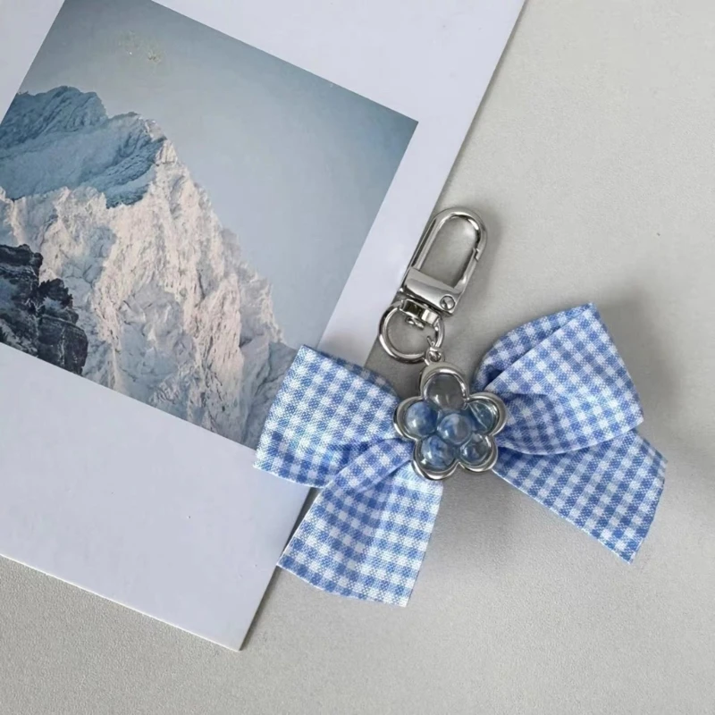 Blue Gingham Bowknot Hanging Ornament Checked Bowtie Keyring Handmade Butterfly Knot Keychain for Trendy Women Girls