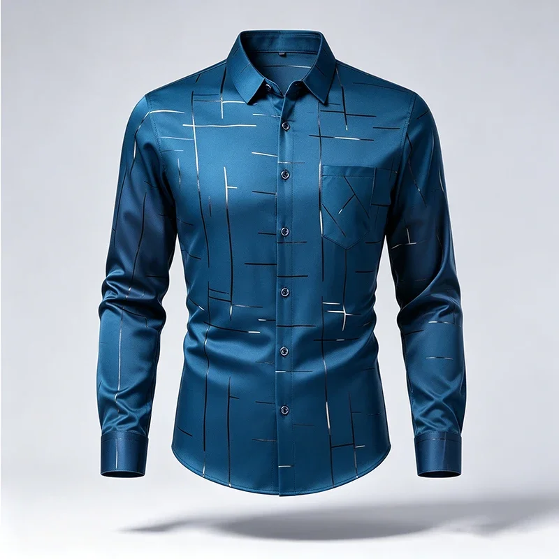Camisa Masculina de Manga Longa com Estampa de Linhas Irregulares, Camisa Social com Botões e Bolso no Peito, Tecido Liso e Sedoso, Top Casual para Escritório e Uso Diário