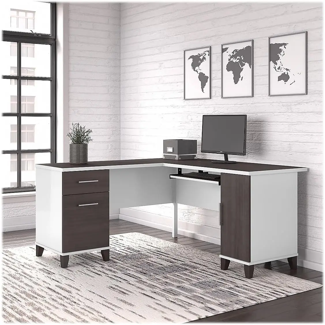 Bush Furniture Somerset L Shaped Desk With Storage | Spacious Corner Computer Table For Home Office Workspace, 60W, White And