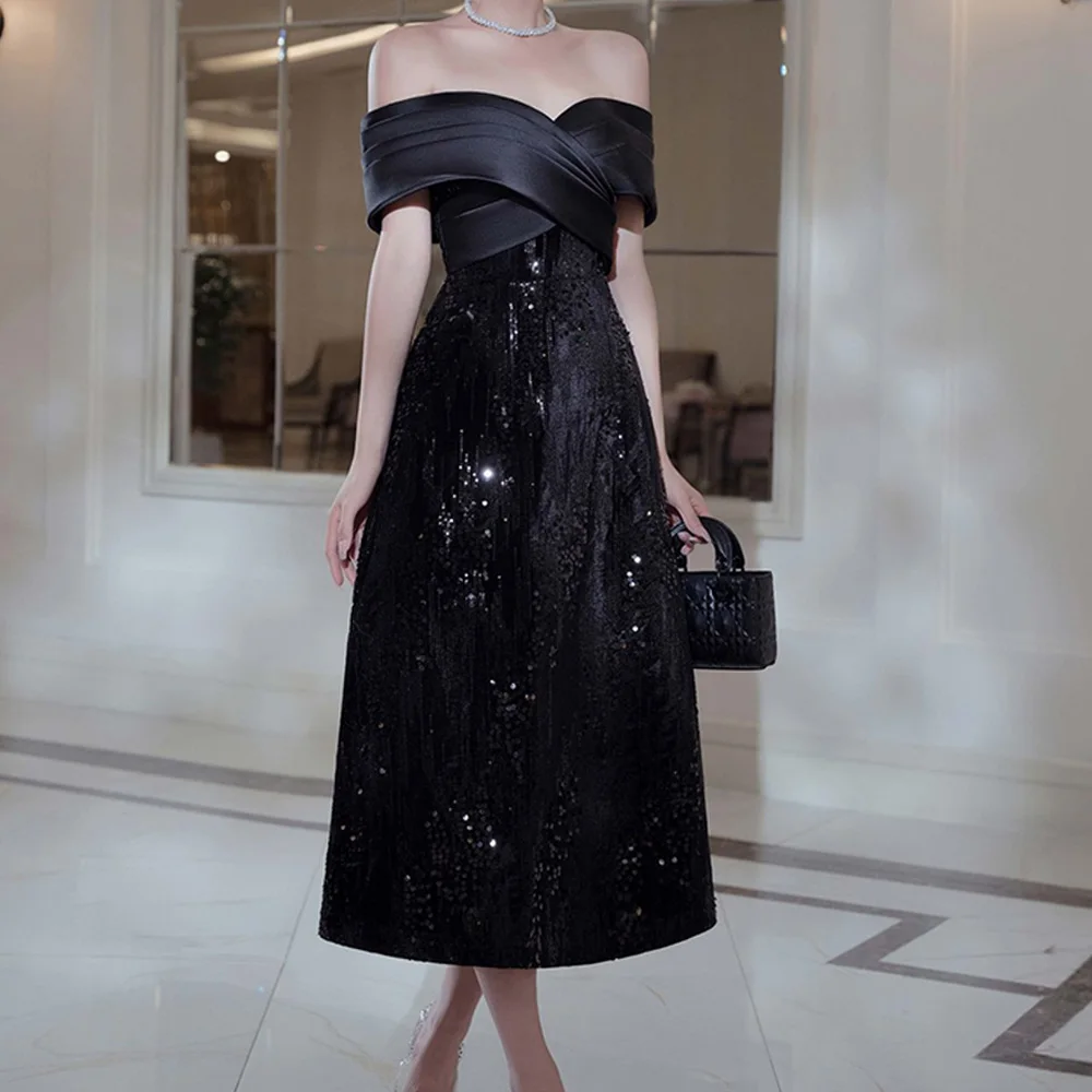 

Elegant Luxury Evening Dress 2024 Straight Off the Shoulder Short Sleeves Tea Length Black Beading Sequined Crystal Exquisite