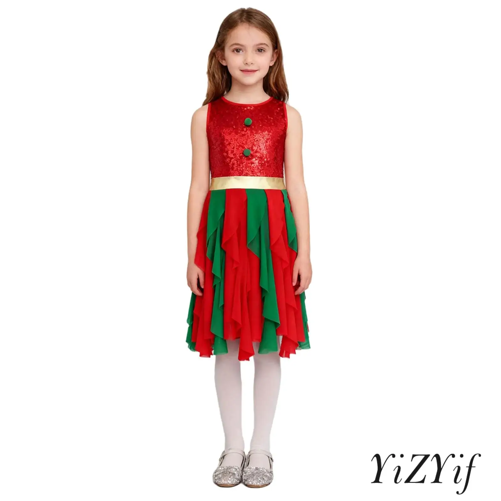 

Kids Girls Mock Neck Sleeveless Sparkly Sequin Pompom Bowknot Decor Tiered Flared Legs Christmas Jumpsuit for Holiday Festival