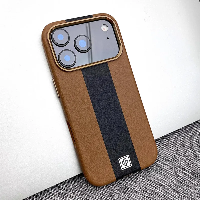 Étui d'attraction magnétique en cuir de qualité supérieure, bicolore, pour iPhone 13 14 15 16 17 Pro Max Air, boutons métalliques, housse de Protection d'objectif