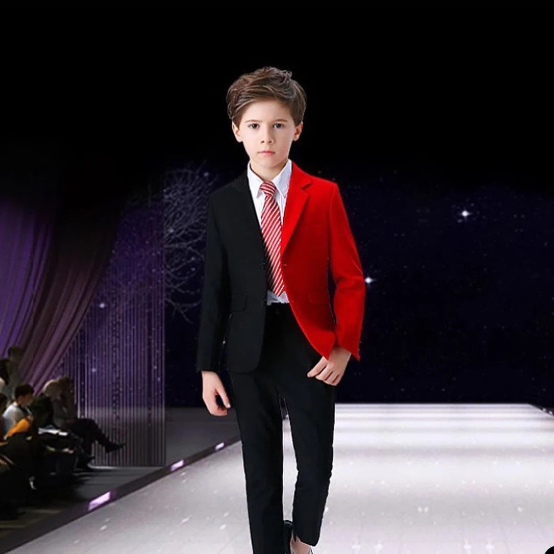 Jas Formal Anak Laki-laki Merah Hitam Tuksedo Makan Malam Anak Laki-laki Kecil Anak-anak untuk Pesta Pernikahan Prom Pakaian Ulang Tahun (Jaket + Celana)