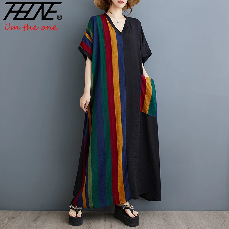 

THHONE Dresses for Women 2024 Cotton Linen Loose Print Patchwork Striped Beach Casual Bohemian Pockets Robe Long Maxi Dresses